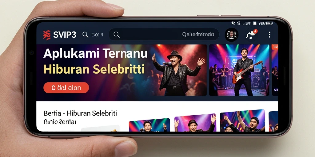 Screenshot antarmuka aplikasi SVIP3 yang menampilkan berita selebriti terkini.